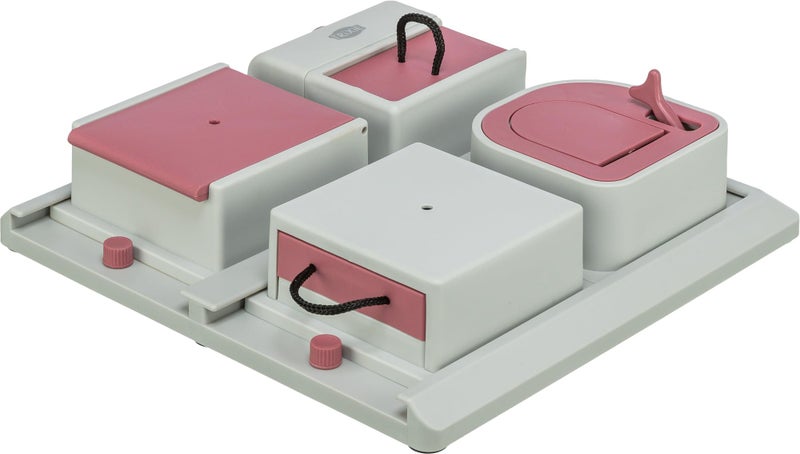 TRIXIE Cat Activity Poker Box Strategy Game â€“ Interactive Puzzle Toy with 4 Modules â€“ Treat Puzzle Feeder for Mental Stimulation & Slow Feeding â€“ Pink/Gray, 12.2 x 12.2 x 2.5 in - Image 1